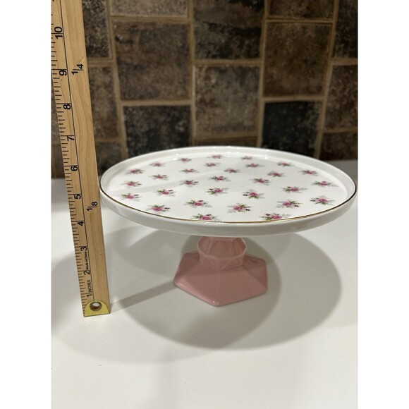 Cake Stand Grace's Teaware Porcelain Rose Flowers on Pink Pedestal Gold Trim - Picture 11 of 11